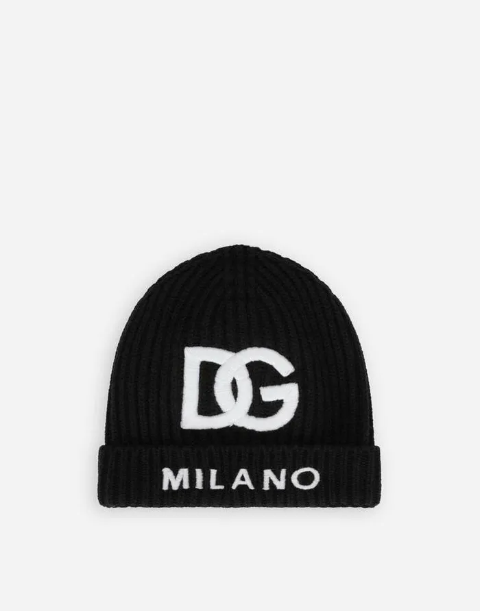 Dolce and Gabbana Accessories Children Fishermans Rib Knit Hat With Logo Embroidery Black