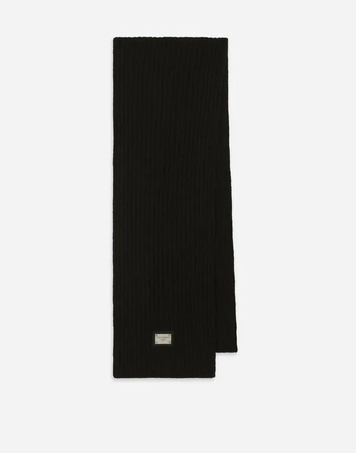 Dolce and Gabbana Accessories Children Ribbed Knit Scarf With Metal DG Logo Black