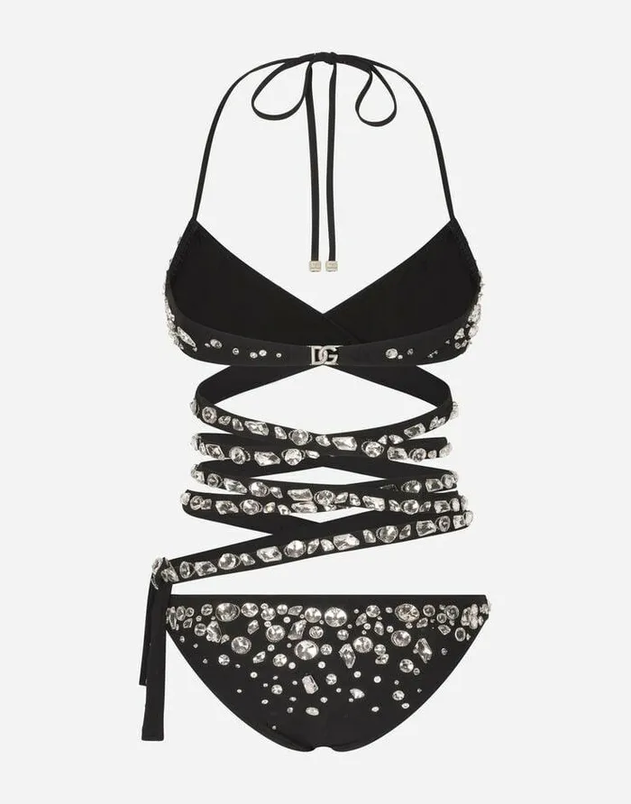 Dolce and Gabbana Beachwear Women Bikini With Crossover Lacing And Rhinestone Appliqus Multicolor