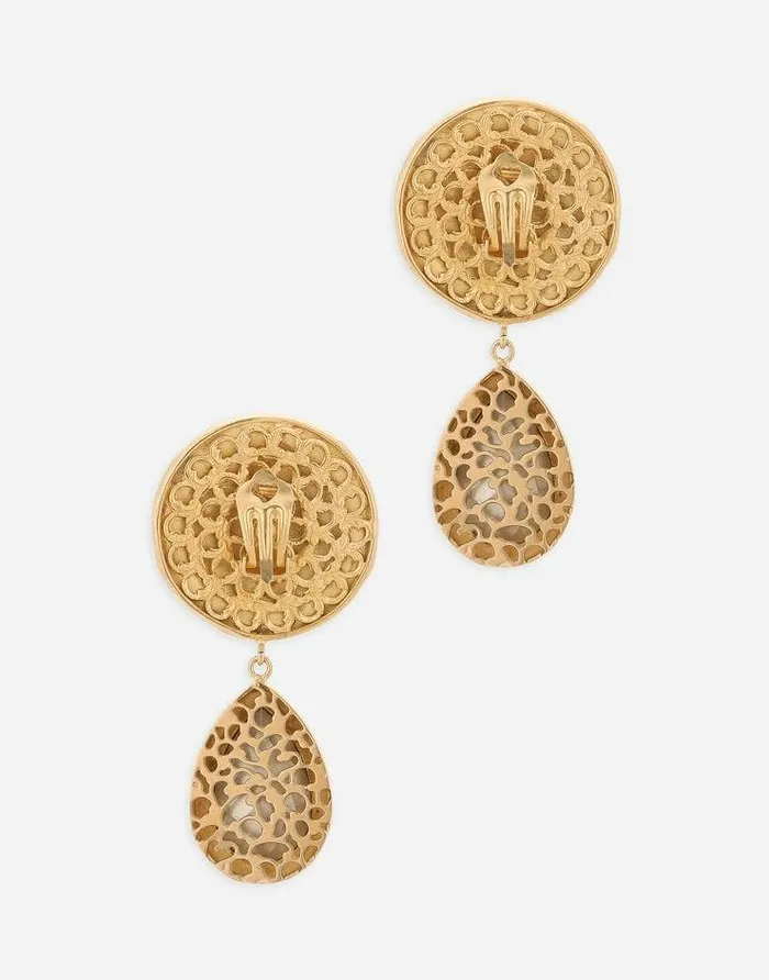 Dolce and Gabbana Bijoux Women Earrings With Logo Coin And Rhinestone Pendants Gold