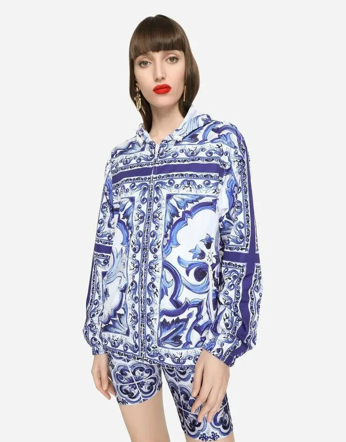 Dolce and Gabbana Coats And Jackets Women Majolicaprint Windbreaker With Hood Multicolor