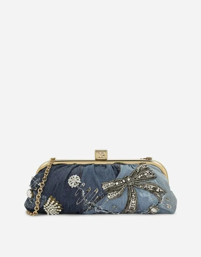 Dolce and Gabbana Denim Bags Women Patchwork Denim Maria Clutch With Embroidery Denim