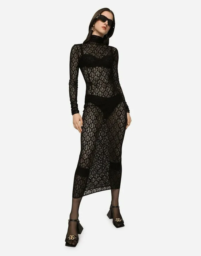 Dolce and Gabbana Dresses Women Tulle Calflength Dress With Allover DG Logo Black Dolce and Gabbana Dresses Women Tulle Calflength Dress With Allover DG Logo Black
