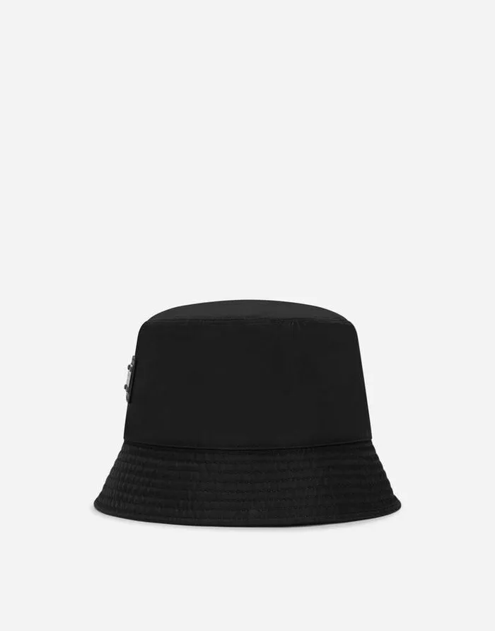 Dolce and Gabbana Hats And Gloves Men Nylon Bucket Hat With Branded Plate Black