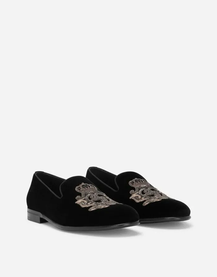Dolce and Gabbana Loafers And Moccasins Men Velvet Slippers With Coat Of Arms Embroidery Multicolor