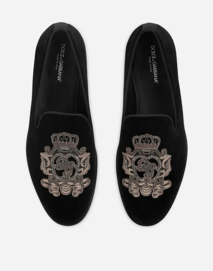 Dolce and Gabbana Loafers And Moccasins Men Velvet Slippers With Coat Of Arms Embroidery Multicolor