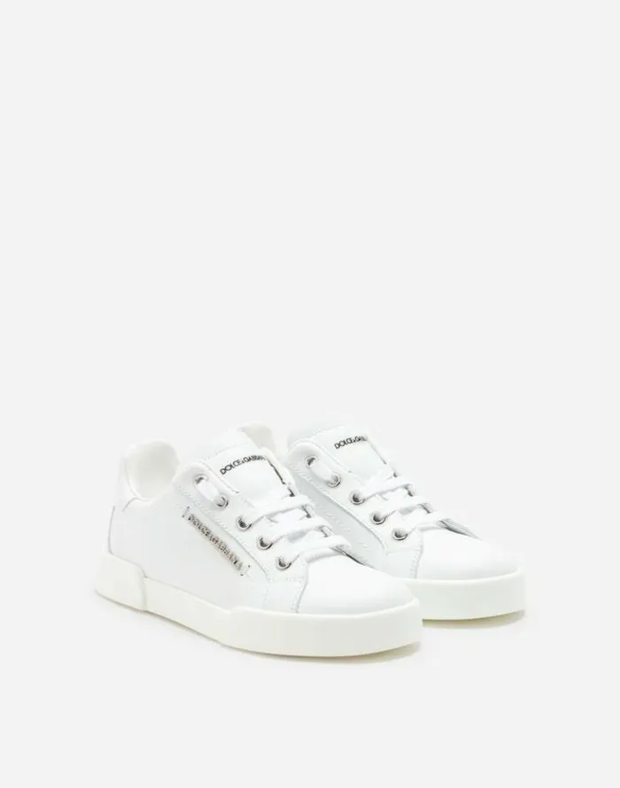 Dolce and Gabbana Shoes 2438 Children Calfskin Portofino Light Sneakers With Logo White