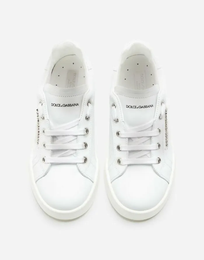 Dolce and Gabbana Shoes 2438 Children Calfskin Portofino Light Sneakers With Logo White