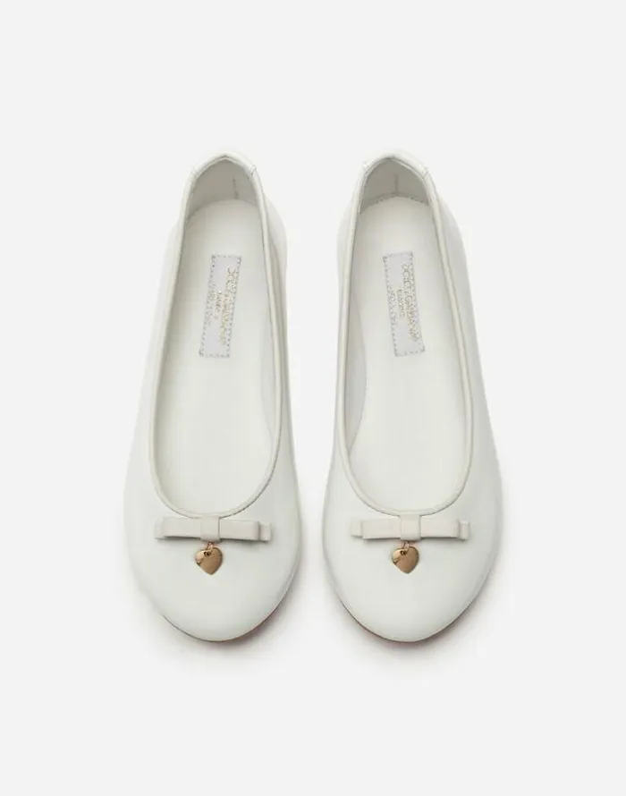 Dolce and Gabbana Shoes 2438 Children Patent Leather Ballet Flats With Charm White