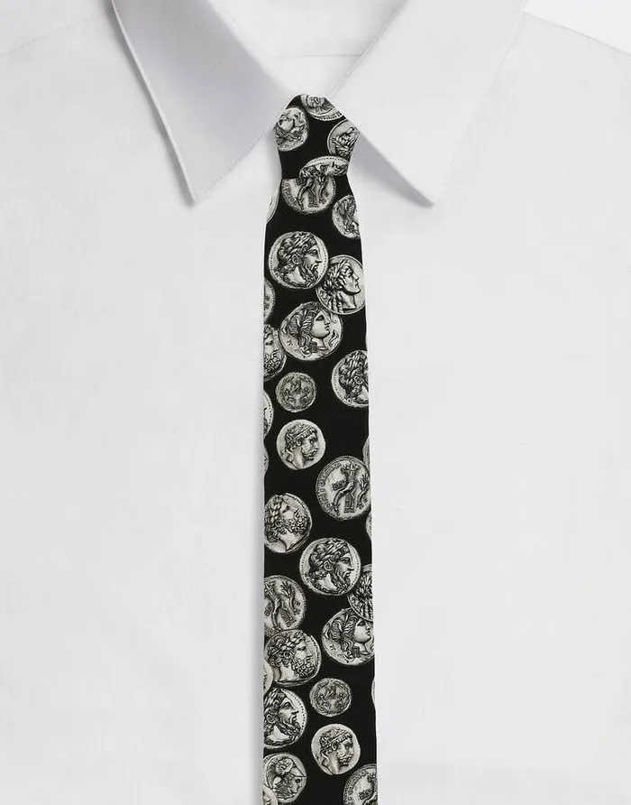 Dolce and Gabbana Ties And Pocket Squares Men Large Coin Print 6cm Silk Blade Tie White