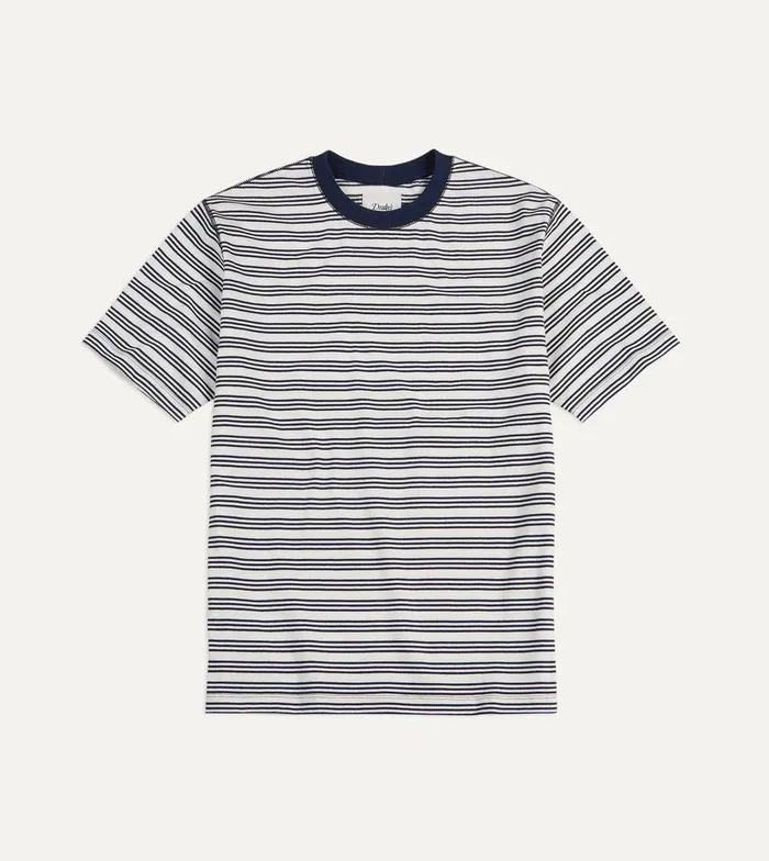Drake039s Ecru And Navy Triple Stripe Cotton Crew Neck Hiking TShirt 8211 Clothing