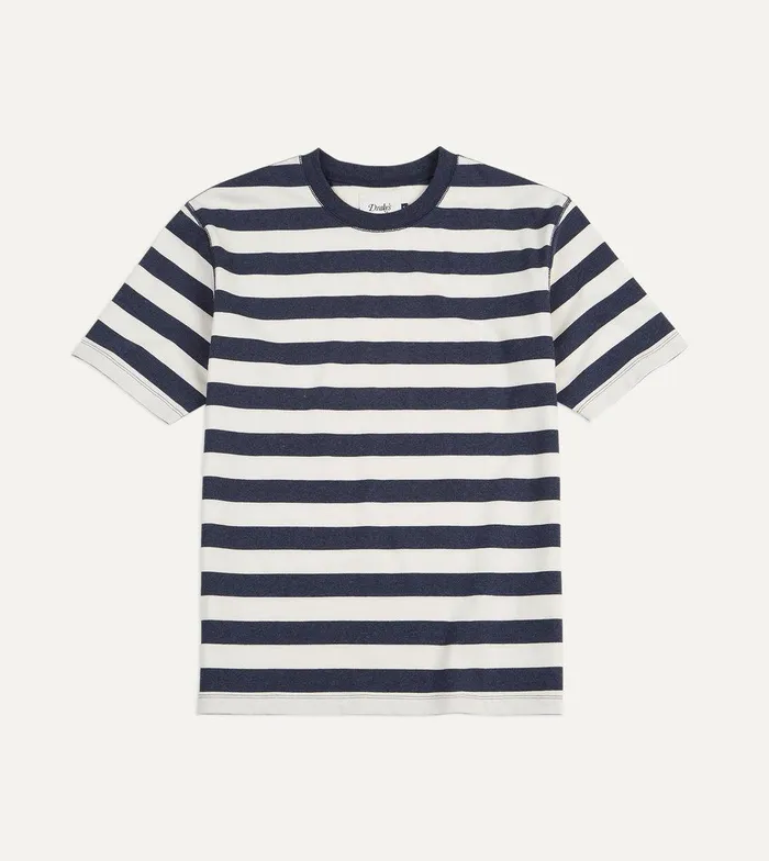 Drake039s Navy And White Block Stripe Cotton Crew Neck Hiking TShirt 8211 Clothing