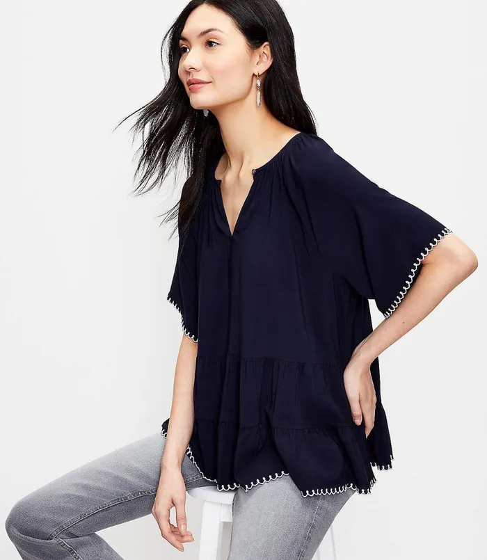 LOFT Embroidered Tiered Top Forever Navy Women Tops