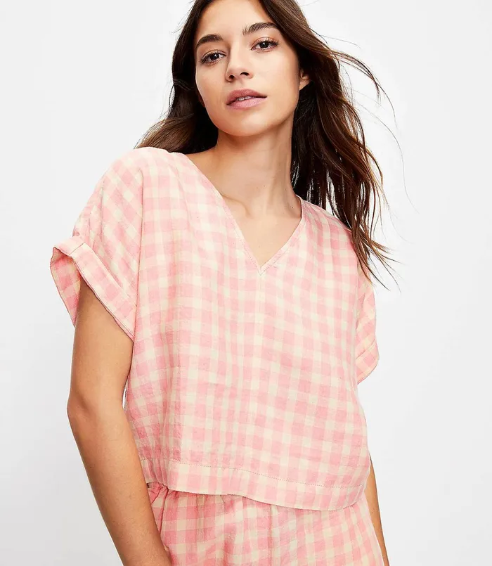 LOFT Lou and Grey Gingham Linen VNeck Top Light Pebble Women Loungewear