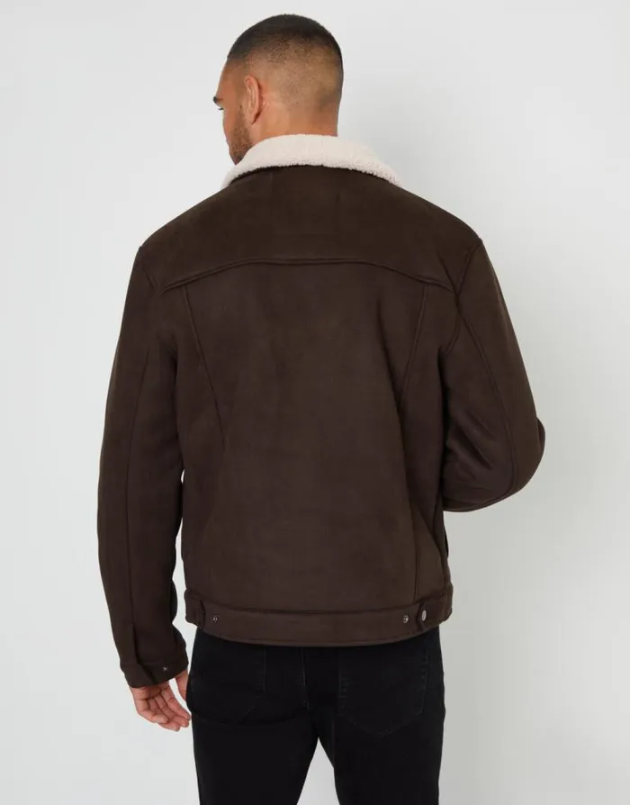 Men Brown Faux Suede Borg Lined Aviator Jacket Threadbare Jackets