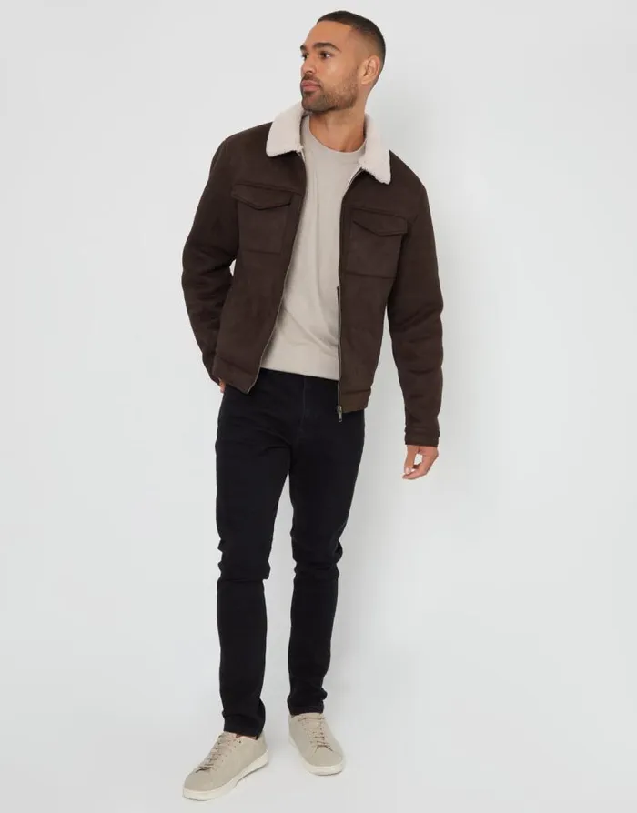 Men Brown Faux Suede Borg Lined Aviator Jacket Threadbare Jackets