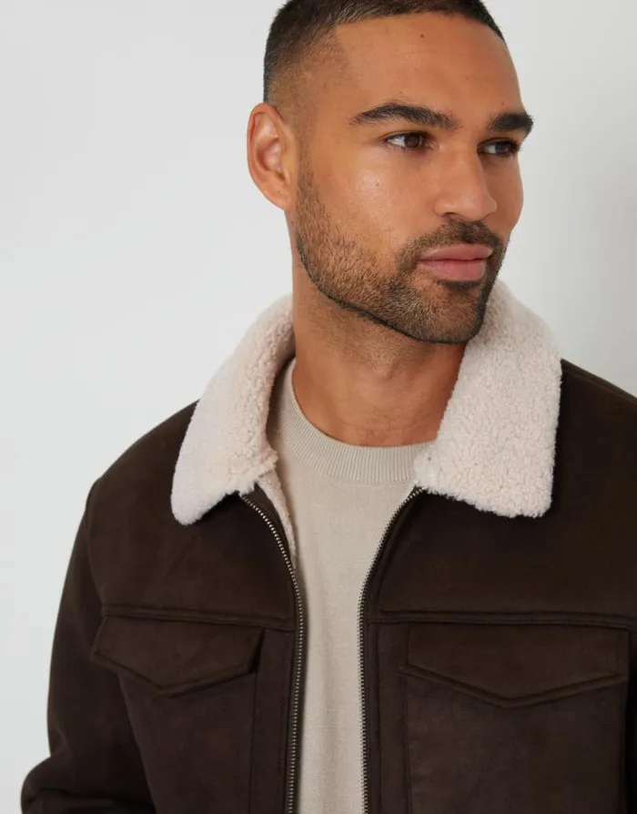 Men Brown Faux Suede Borg Lined Aviator Jacket Threadbare Jackets