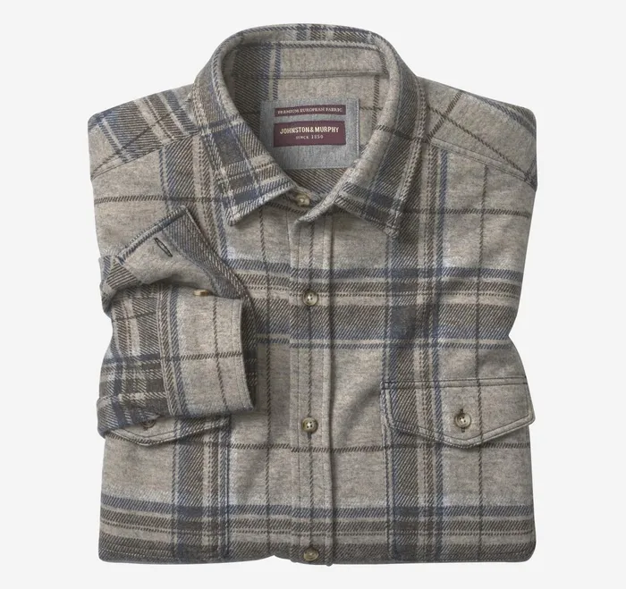 Men Brushed ButtonFront Knit Oatmeal Large Plaid JohnstonandMurphy Shirts