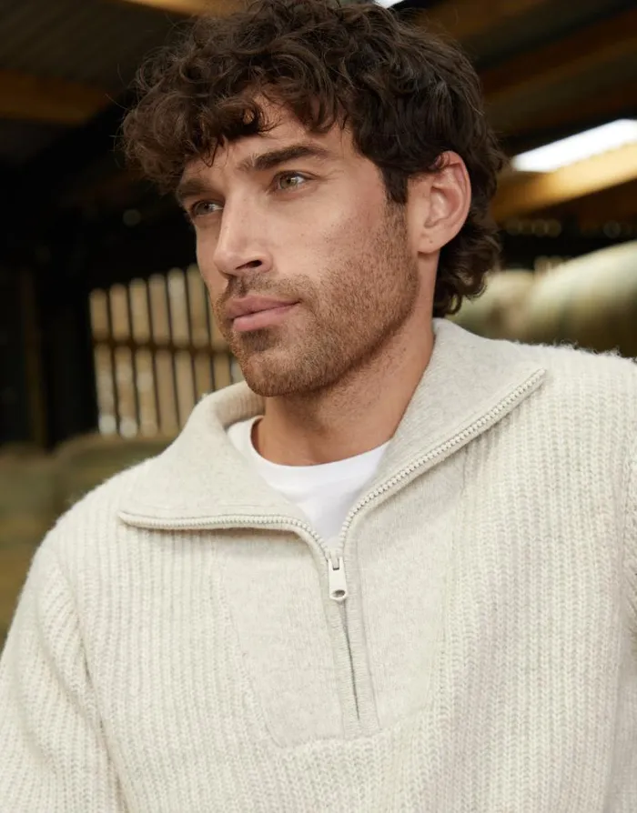 Men Ecru Marl Knitted Quarter Zip Jumper Threadbare Jumpers