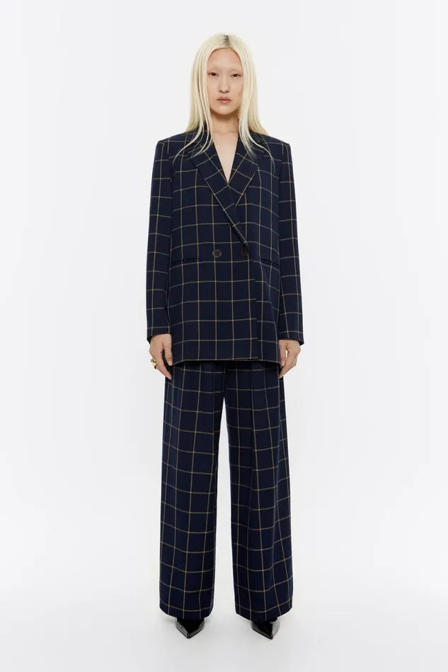 Navy Blue Checked Tailored Jacket Navy Women Bimba Y Lola Jackets And Blazers