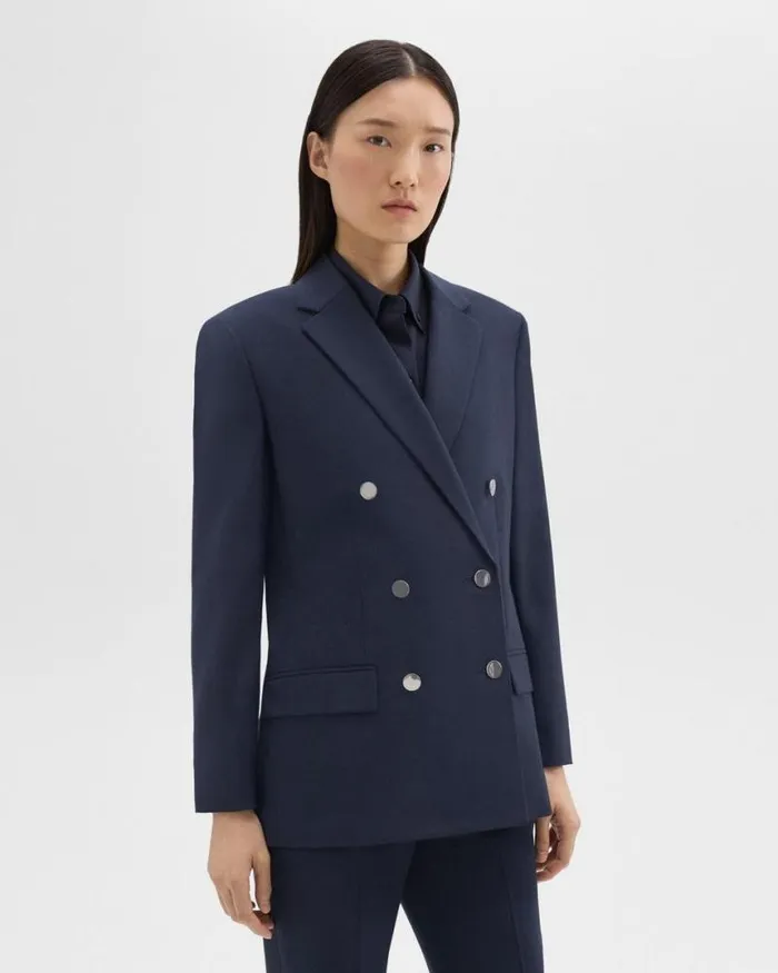 Suits Women Theory DoubleBreasted Boxy Blazer In Oxford Wool Nocturne Navy