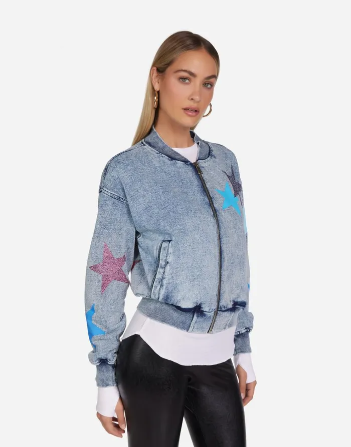 Women039s Shilese Color Crystal Multi Stars Faded Denim Lauren Moshi Long Sleeve