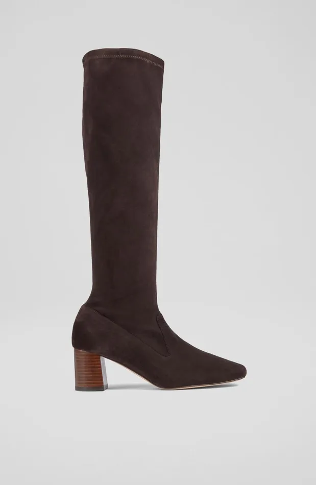 Women Boots LKBennett Davina Chocolate Stretch Suede KneeHigh Boots Chocolate