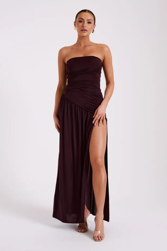 Women Meshki Dresses Bex Strapless Slinky Maxi Dress With Split 8211 Burgundy