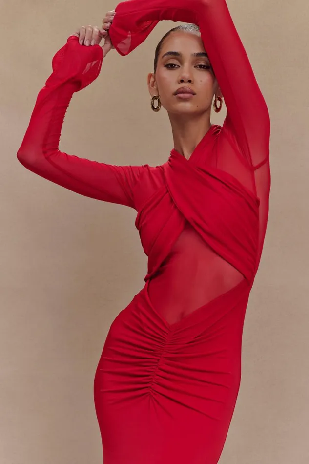 Women Meshki Dresses Tania Slinky And Mesh Long Sleeve Maxi Dress 8211 Ruby